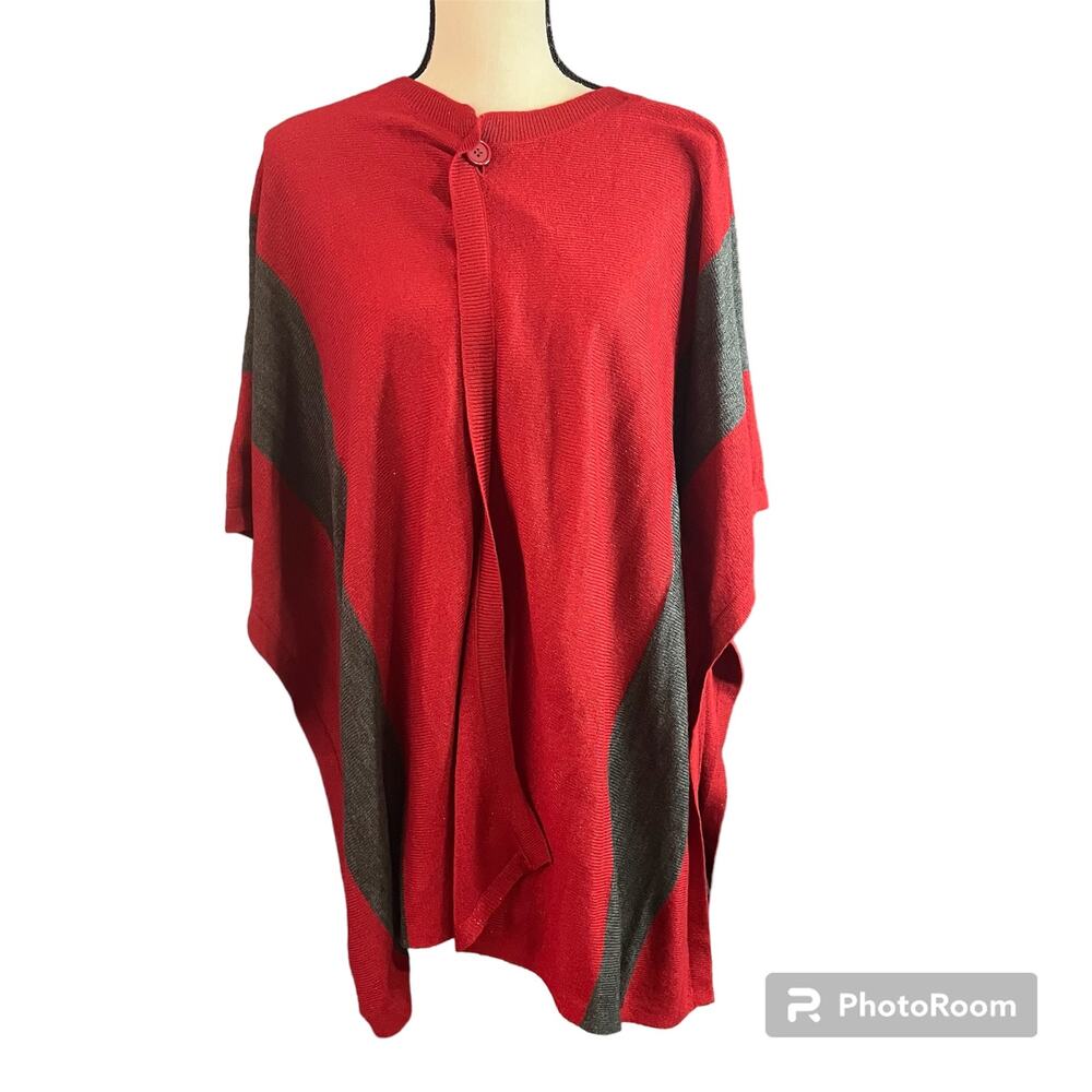 Chico's Women's Red Gray One Button Lightweight Poncho Sz OS Transition Piece
